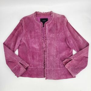 Vintage 100% Leather Jacket Pink Ruffled Trim Open Front ZaZee Size Large